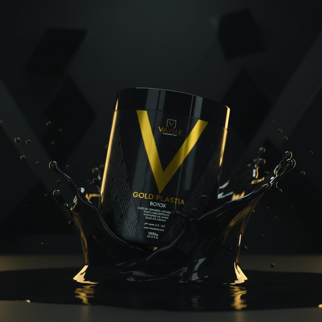 Botox Gold Plastia Vaylle Cosmetics, composição em preto e dourado